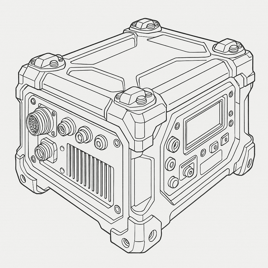 Ilustração do invólucro mecânico em sistema eletrônico militar com blindagem contra EMI e vedação ambiental.